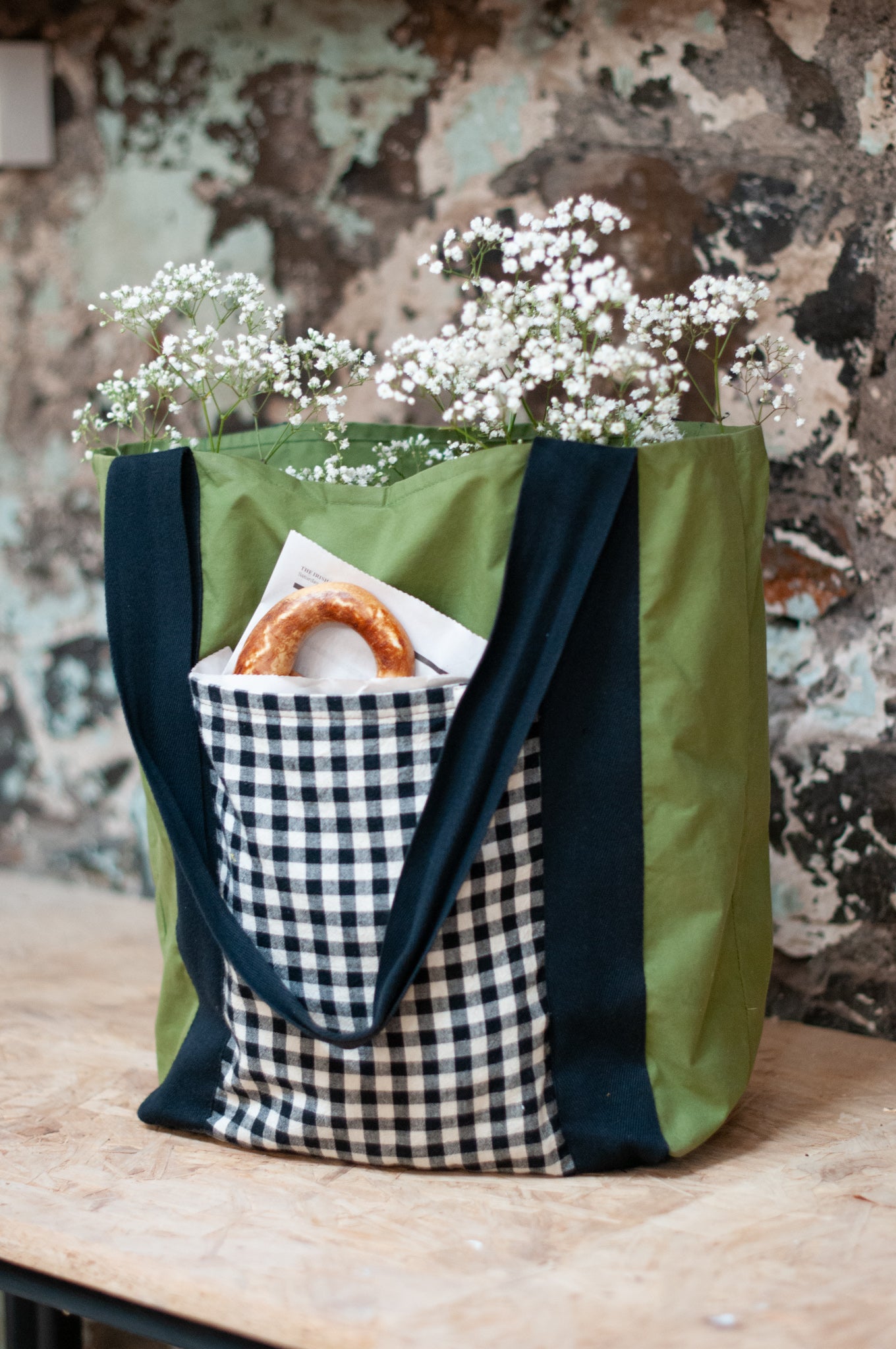 Green Tote Bag with gingham pocket and black straps