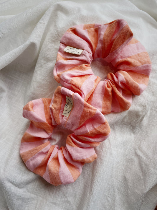 two large scrunchies made from 100% Linen on white cloth